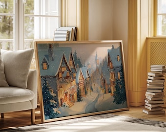 Christmas Village Canvas Wall Art, Snowy Winter Town Painting, Festive Holiday Street Scene, Cozy Home Decor for Christmas and Winter