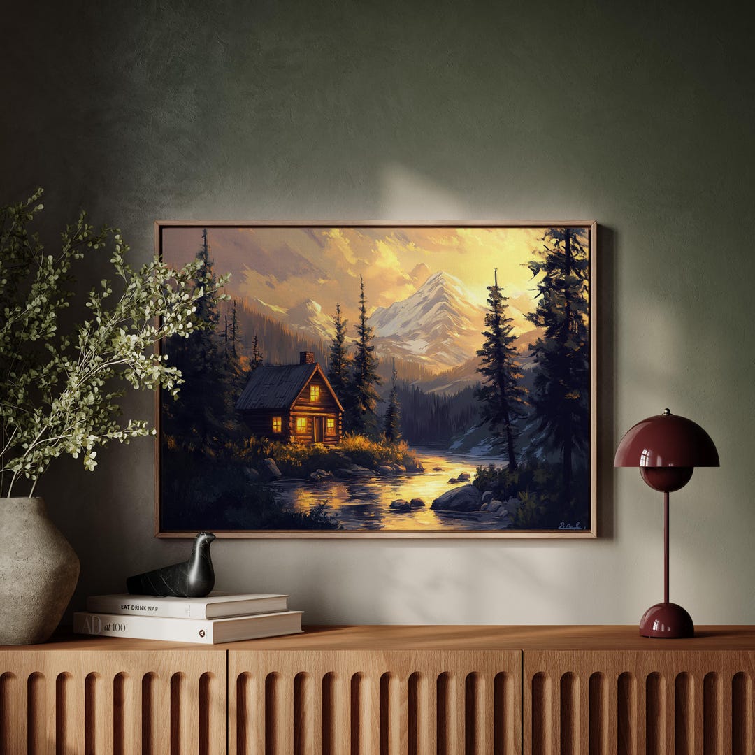 Rustic Cabin Sunset Canvas, Mountain Lake Wall Art, Cozy Log Cabin ...