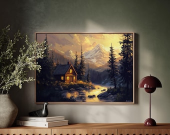 Puede incluir: Una pintura de una cabaña en el bosque con un río que fluye frente a ella. La cabaña tiene un cálido resplandor que proviene de las ventanas y el cielo es de un hermoso color de puesta de sol.