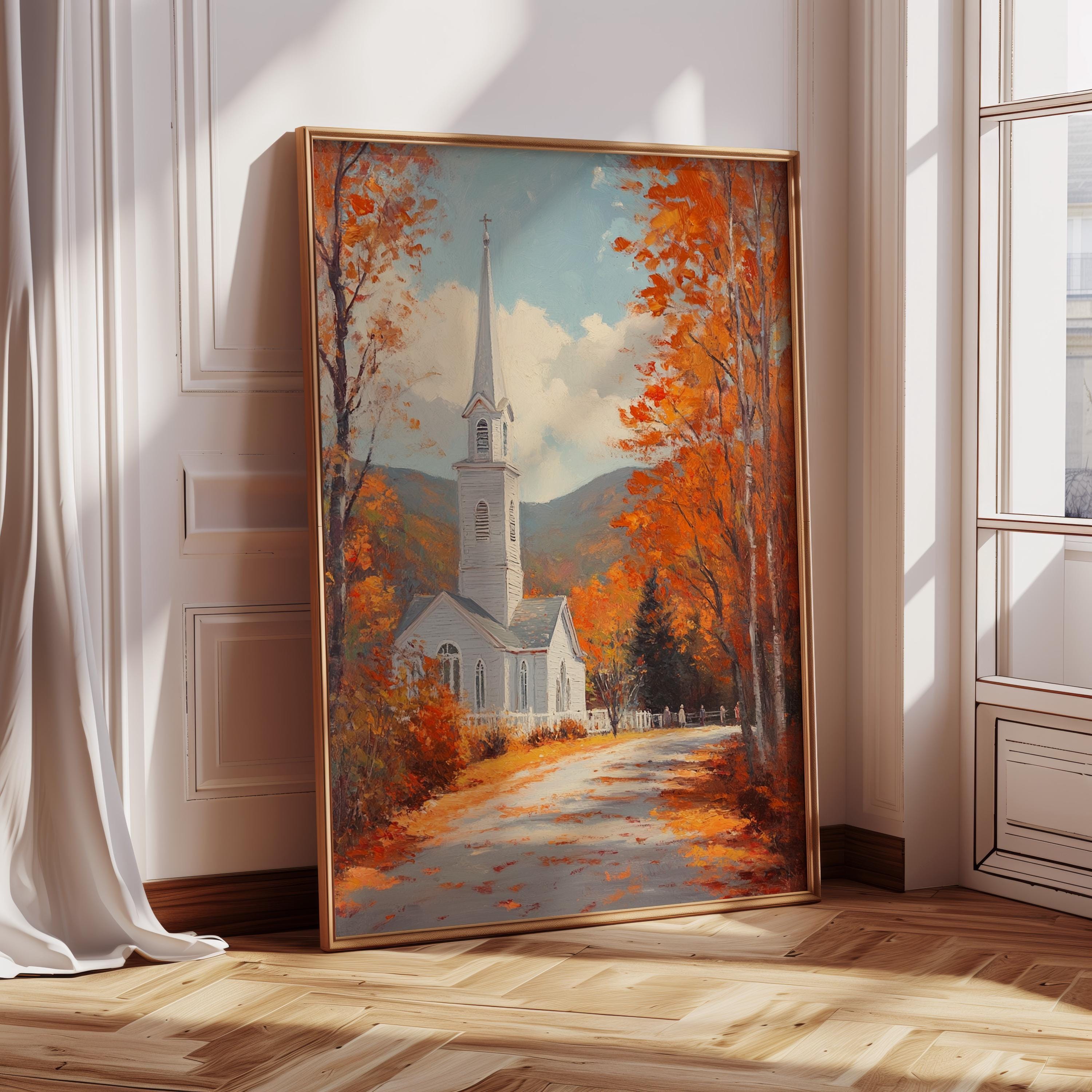 White Country Church in Autumn Canvas – Peaceful Fall Chapel Art Print with Colorful Foliage – Christian Rustic Wall Decor