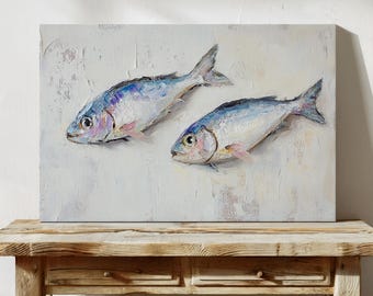 Two Fish Canvas Wall Art | Coastal Nautical Oil Painting with Textured Brushstrokes | Ocean-Inspired Rustic Seaside Kitchen Wall Decor