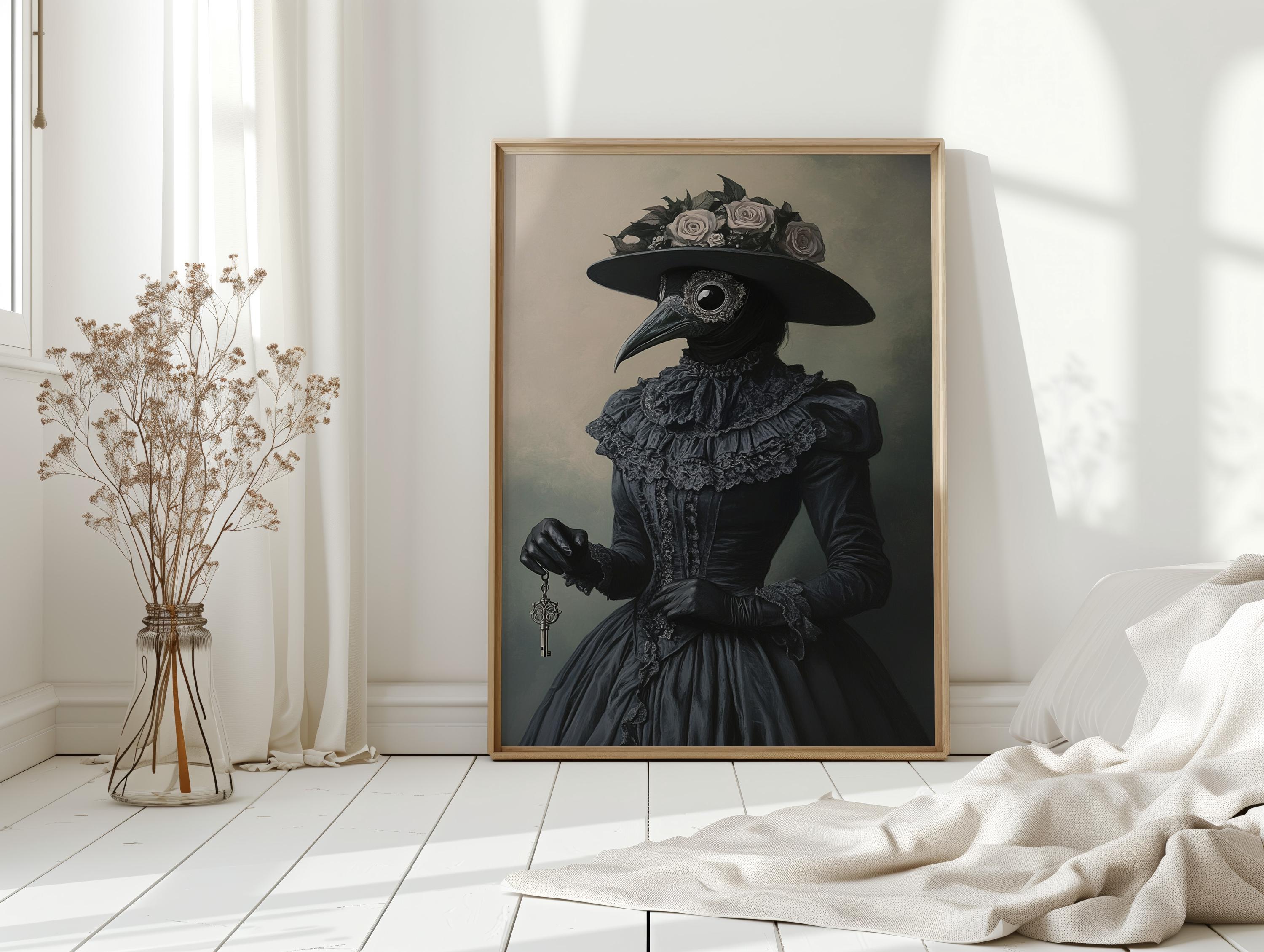 Victorian Plague Doctor Canvas Wall Art – Gothic Female Portrait in Black Lace Dress Holding Key – Dark Academia Vintage Decor