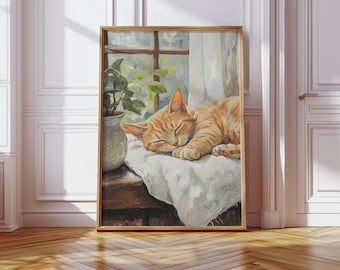 Quadro su tela con gatto soriano arancione addormentato - Scena accogliente di una finestra illuminata dal sole con texture di pittura a olio vintage per gli amanti degli animali e per l'arte murale dei gatti