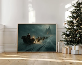 Santa’s Sleigh Ride with Reindeer Toward Winter Castle