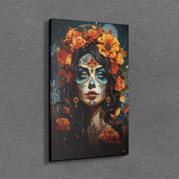 Day Of The Dead Sugar Skull Woman Canvas Wall Art, Day of The Dead Hangable Wall Art, Canvas Wall Art, Hangable Art