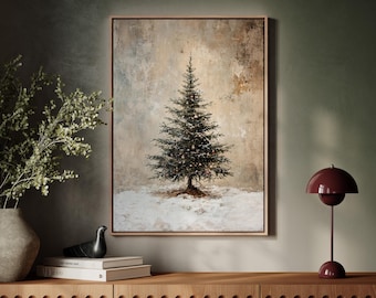 Christmas Tree Canvas Wall Art – Rustic Framed Holiday Decor, Vintage Snowy Tree Painting, Large Winter Art, Perfect Gift for Home or Office