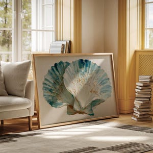 Watercolor Seashell Canvas Art | Blue and Tan Scallop Shell Coastal Decor | Ocean Beach House Wall Print in Soft Pastel Tones