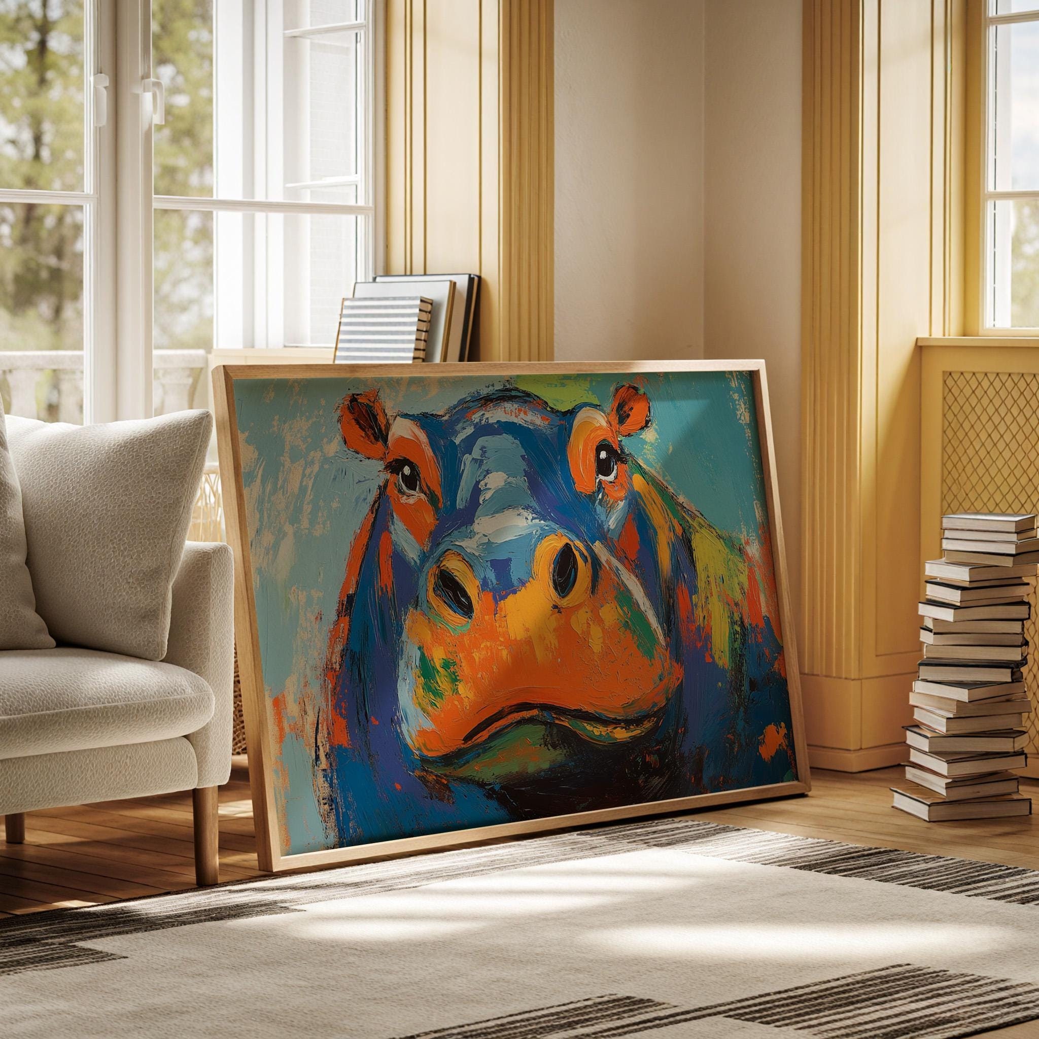 Vibrant Abstract Hippo Portrait - Bold Colors Modern Art Print Canvas ...