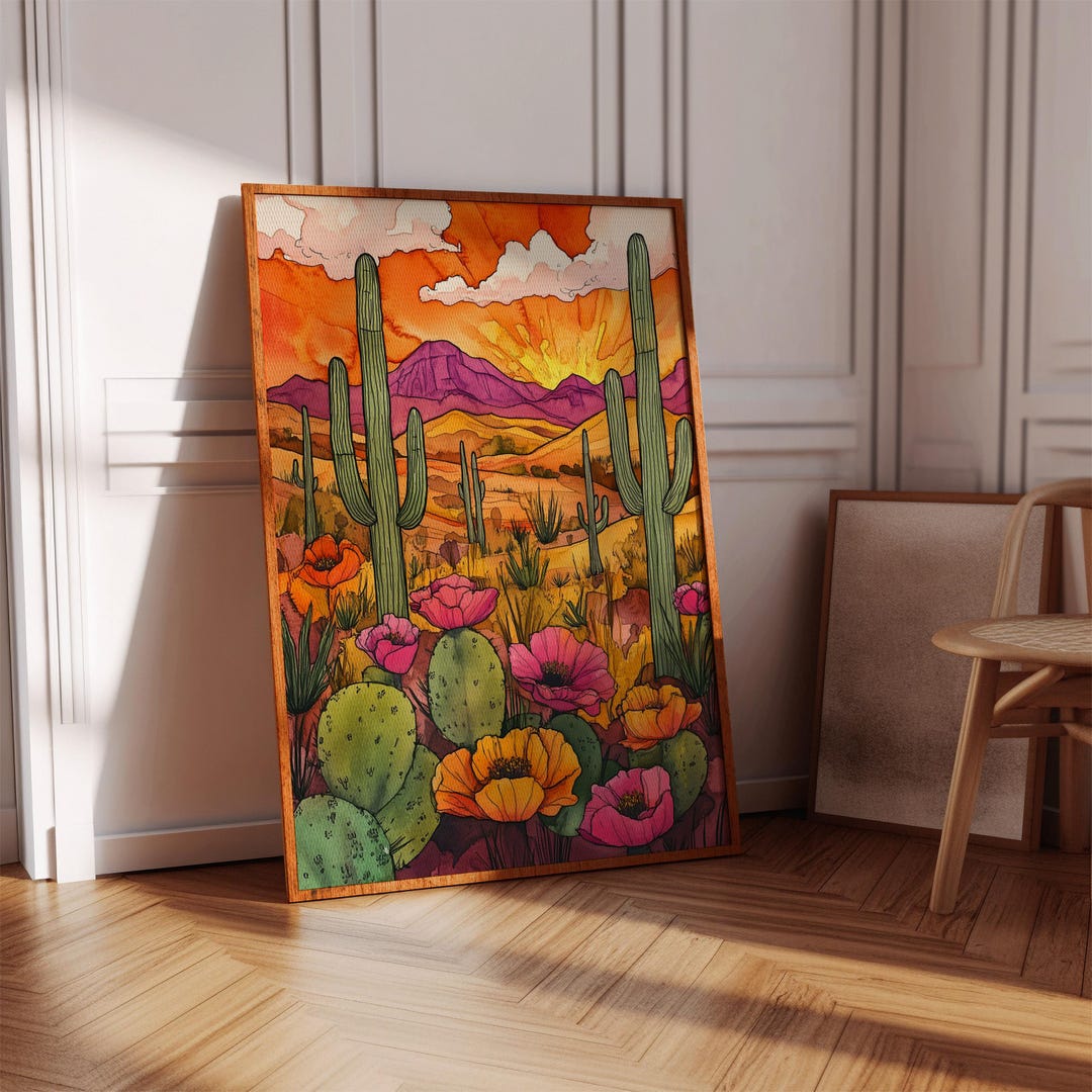 Southwest Desert Sunset Canvas Wall Art – Cactus and Wildflowers ...