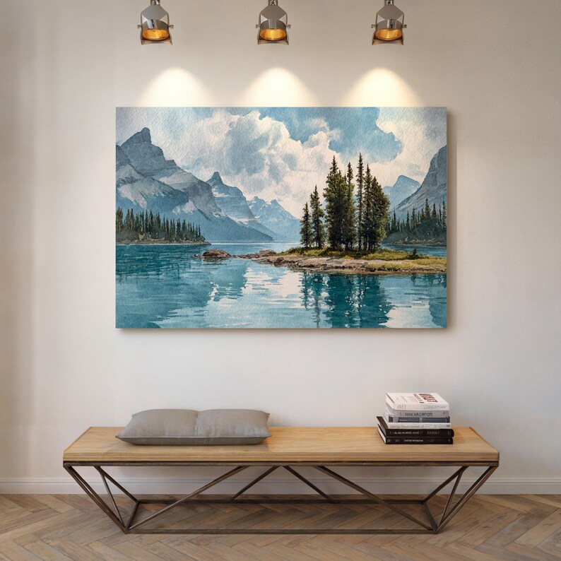 Mountain Lake Canvas Wall Art | Watercolor Landscape Painting of Pines ...