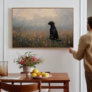 Black Labrador in Wildflower Field Canvas Art - Peaceful Dog Wall Decor for Pet Lovers and Rustic Home Interiors