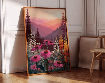 Cuadro decorativo de lienzo "Prado de flores silvestres al atardecer", vibrantes flores rosas y naranjas con silueta de montaña, impresión de paisaje natural para la decoración del hogar.
