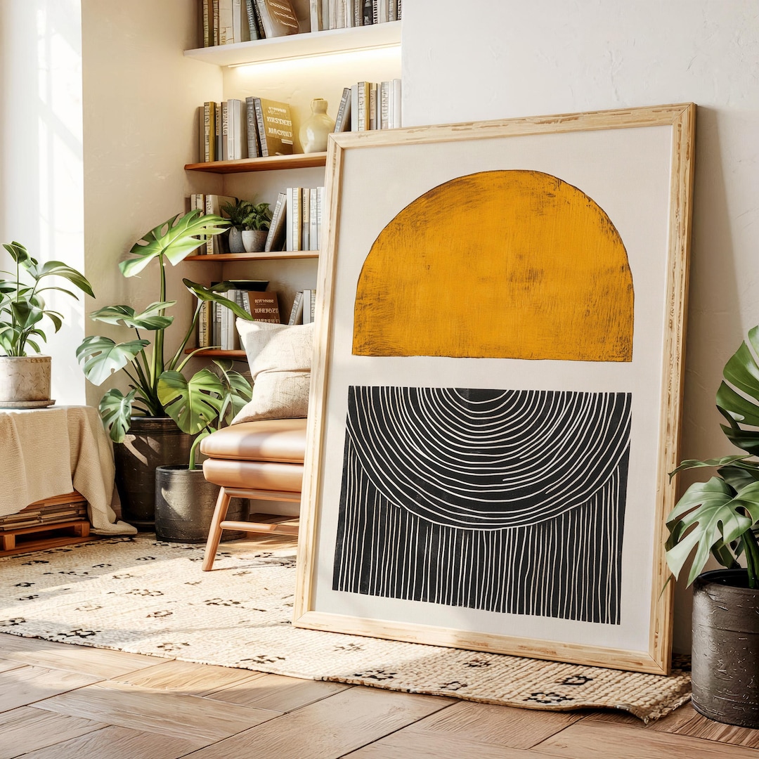 Modern Abstract Geometric Canvas Art | Yellow and Black Minimalist Half ...