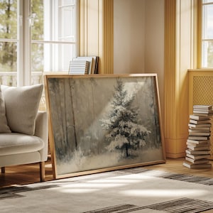 Winter Forest Snow Pine Tree - Peaceful Nature Canvas Wall Art, Christmas Rustic Decor, Frosted Woodland Landscape Painting