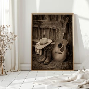 Sepia Cowboy Canvas Wall Art, Western Country Music Guitar Print, Rustic Farmhouse Boots and Hat Decor, Vintage Ranch Style Artwork