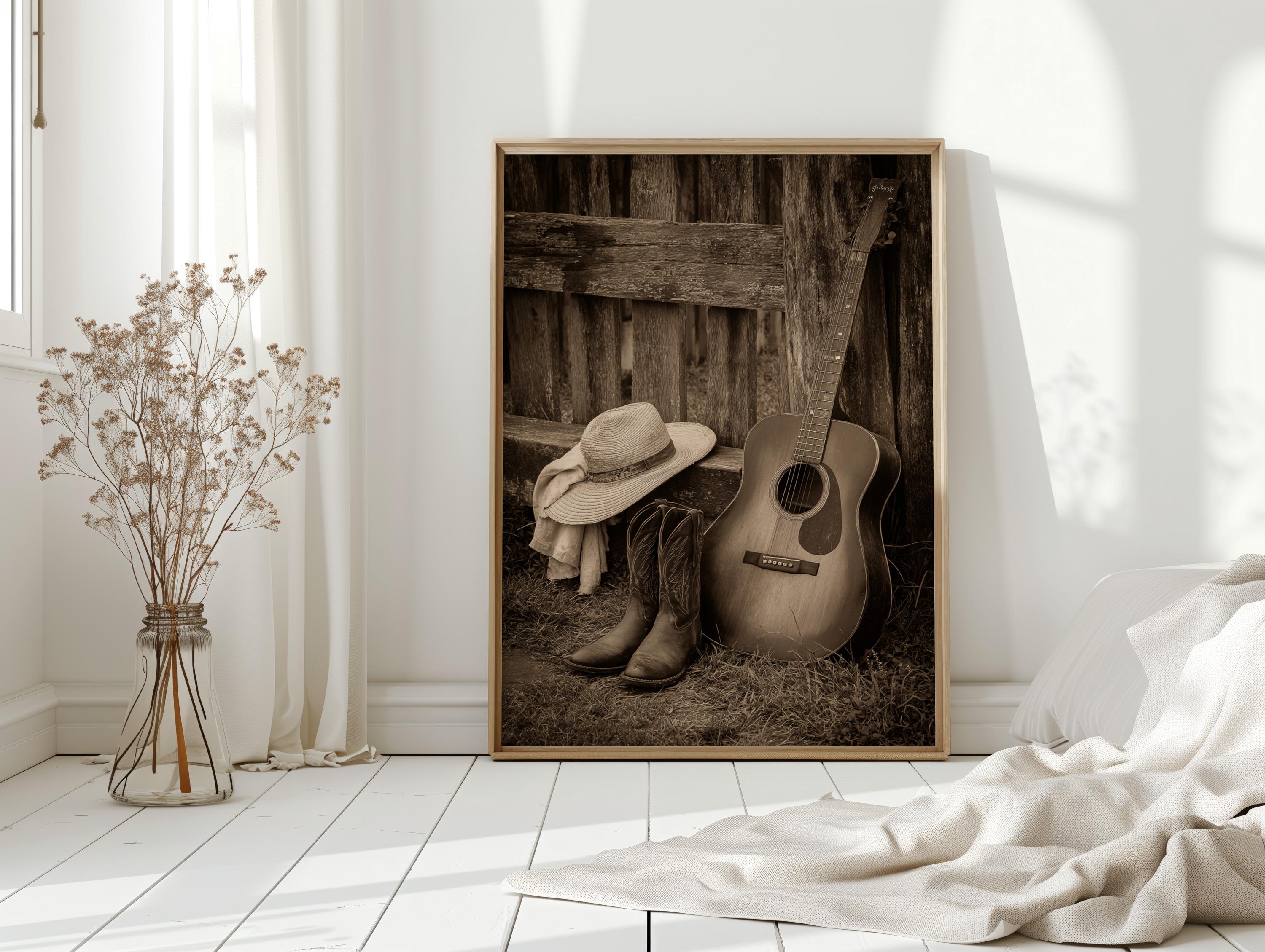 Sepia Cowboy Canvas Wall Art, Western Country Music Guitar Print