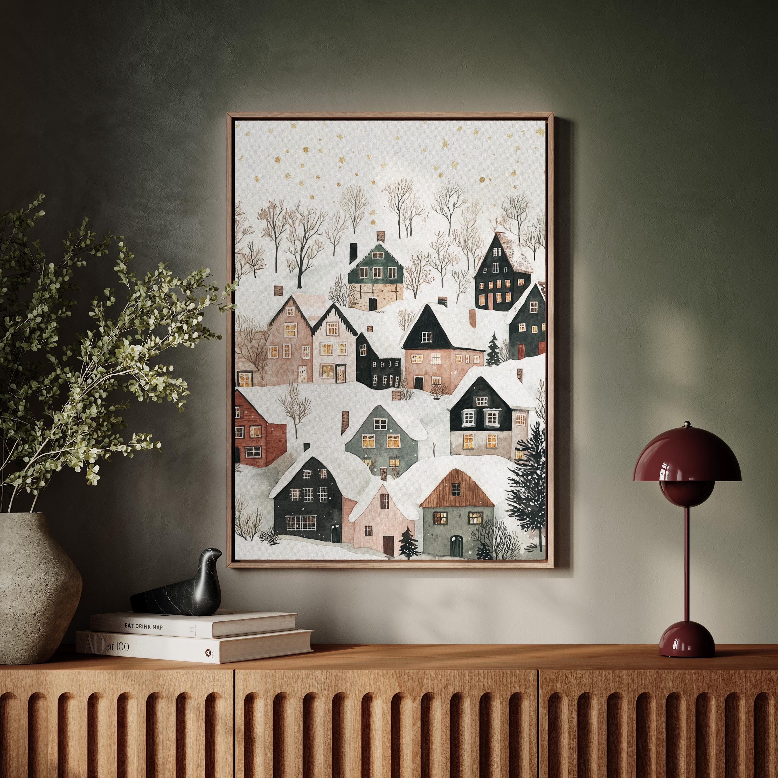 Tableau Peinture Scène D'hiver Village Enneigé - Impression Sur Toile, Style Vintage