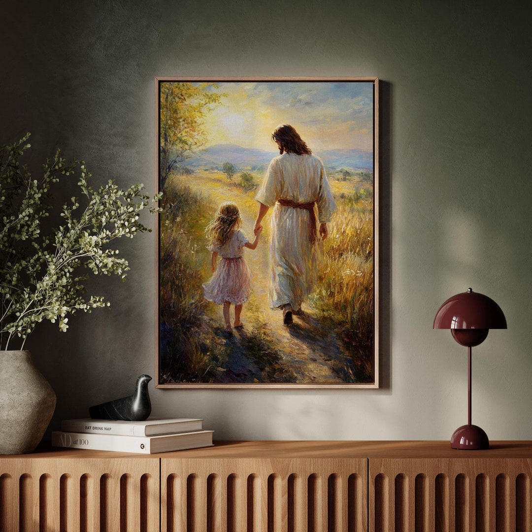 Jesus Walking With a Child at Sunset - Heartfelt Christian Canvas Art ...