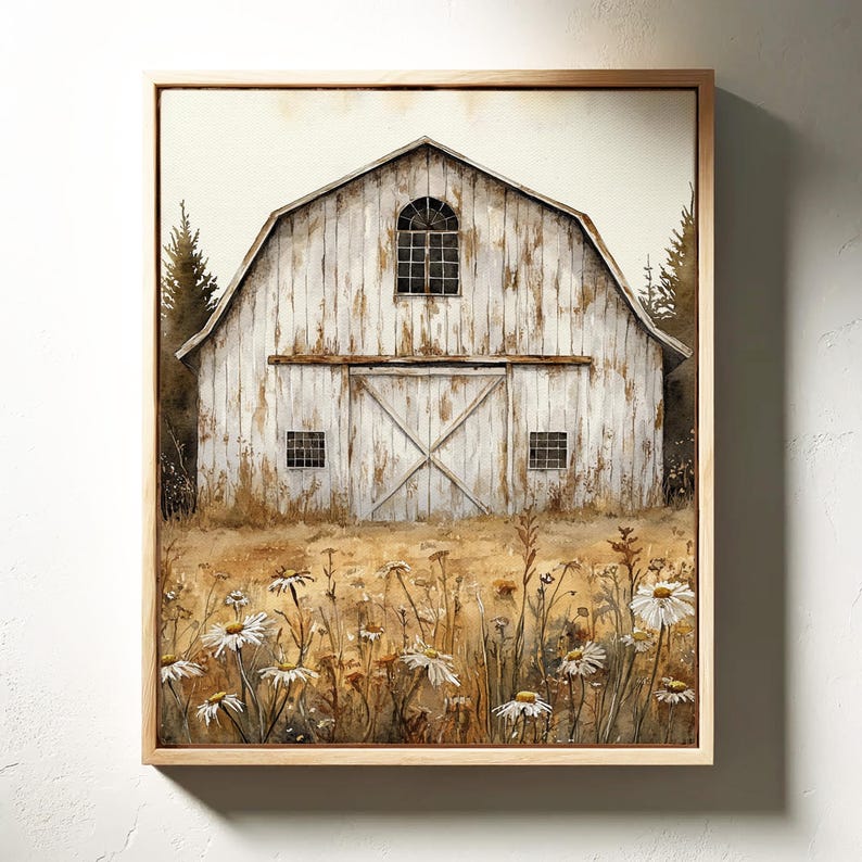 Rustic White Barn and Daisy Field Canvas Wall Art | Vintage Farmhouse ...