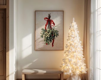 May include: A framed print of mistletoe with a red ribbon hangs above a bench. A white Christmas tree with lights stands next to a window with sheer curtains. The room has a neutral color palette with wooden accents.