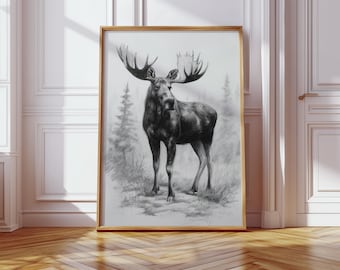 雄大なヘラジカのウォールアート、白黒の野生動物の絵、素朴な小屋のキャンバスプリント、ロッジの装飾に最適な自然にインスパイアされたヘラジカのイラスト