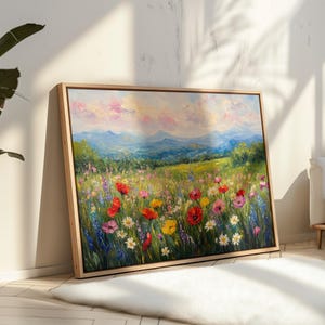 Colorful Wildflower Meadow Canvas Wall Art, Vibrant Summer Landscape Painting with Mountains and Flowers, Rustic Nature Home Decor