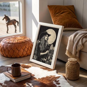 Cowgirl Holding Black Cat Under Moonlight