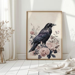 Raven Floral Wall Art Canvas, Gothic Bird Artwork with Peony Flowers, Moody Nature Raven Print, Vintage Botanical Crow Wall Decor