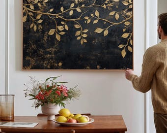 Gold Leaf Wall Art - Elegant Black and Gold Canvas - Luxury Botanical Decor - Abstract Metallic Painting - Modern Minimalist Artwork