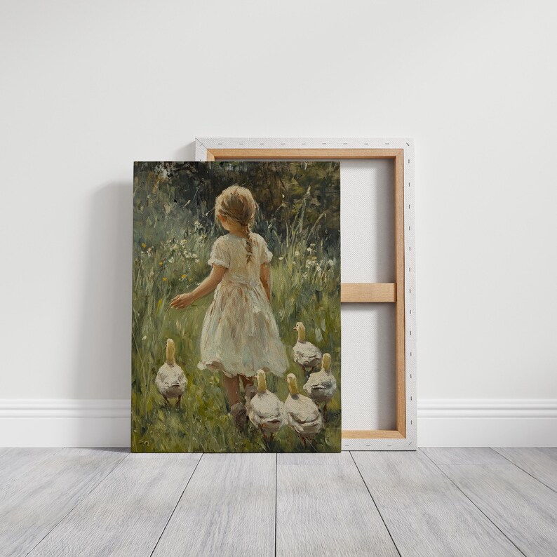 May include: A young girl in a white dress walks through a field of green grass and wildflowers, followed by a group of five white ducklings.