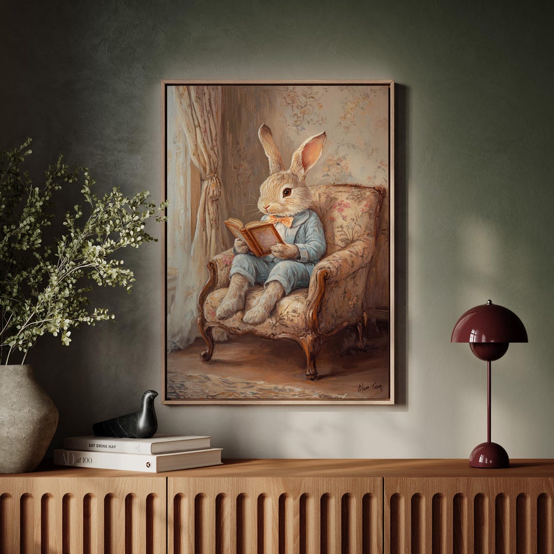 Whimsical Rabbit Reading in Floral Armchair – Vintage-inspired Canvas ...