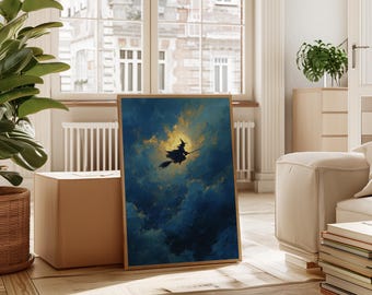 Witch Flying Across Moonlit Sky | Halloween Night Art