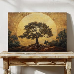 Golden Tree of Life Canvas Wall Art - Radiant Nature-Inspired Hangable Artwork for Home or Office Décor
