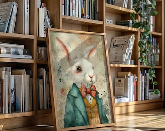 Elegante conejo blanco con atuendo vintage