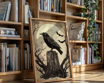 ヴィンテージのカラスのハロウィンウォールアート、木の切り株にとまるゴシックカラスのプリント、不気味な満月のポスター、暗い森のホラーキャンバス装飾