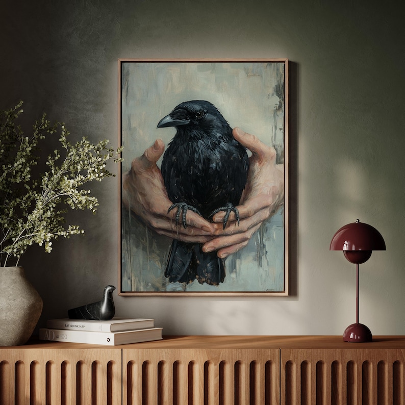 Dark Raven in Hands Art - Gothic Crow Painting, Vintage Wildlife Canvas ...