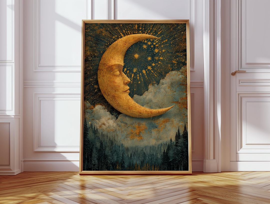 Golden Crescent Moon Face Art Print, Celestial Night Sky Illustration ...