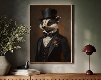 リーガル・バジャー キャンバスウォールアート – バラとシルクハットをつけたタキシード姿の擬人化された動物 – ヴィンテージ貴族の肖像画風プリント