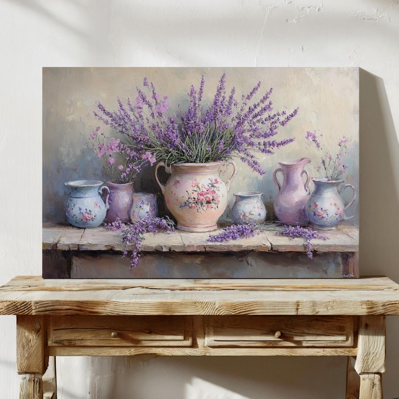 Purple home - Rustic Lavender Bouquet in Vintage Floral Jugs | Country Cottage Wall Art Print | Shabby Chic Purple Flower Oil Painting Decor 