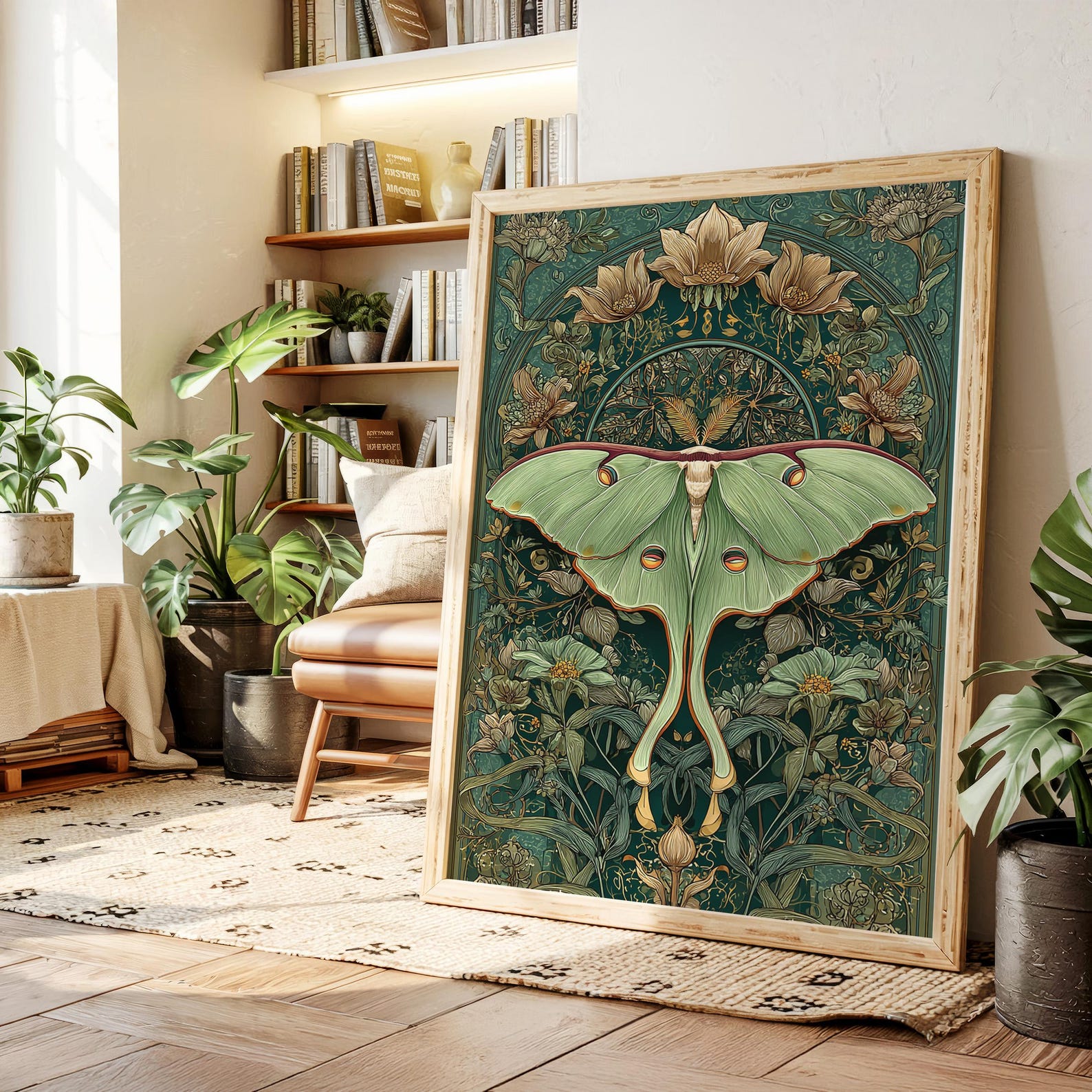 Luna Moth Canvas Wall Art With Golden Floral Accents, Mystical Green ...
