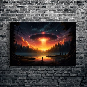 UFO Abduction Canvas Wall Art, Flying Saucer Canvas Wall Art, UFO Art, Hangable Alien Canvas Wall Art, Kooly, KoolyArt