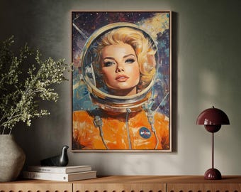 Vintage Astronaut Canvas Art - Elegant Female Space Explorer in Orange Suit - Retro Sci-Fi Wall Decor for Space Enthusiasts