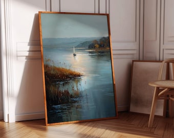 Sailboat on Lake at Sunset Wall Art, Tranquil Water Oil Painting, Nautical Landscape Artwork, Coastal Cottage Decor, Serene Boat Print