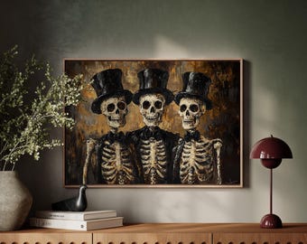 Dapper Skeleton Trio Canvas Art - Gothic Skeletons in Top Hats