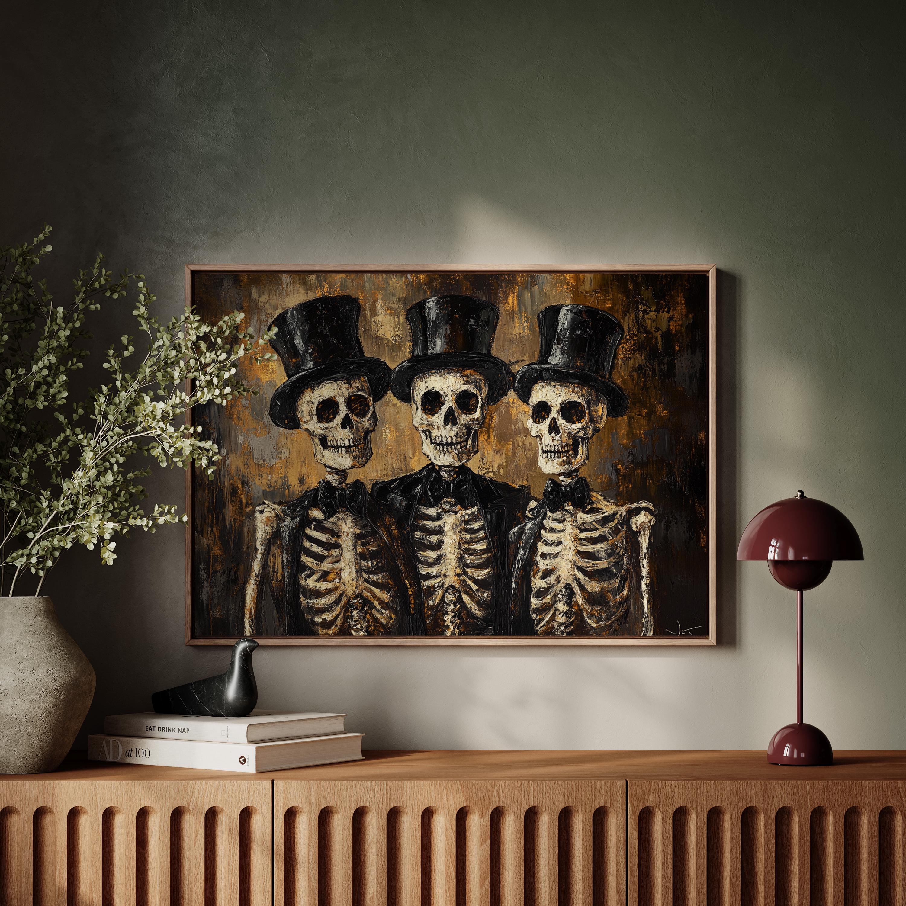 Dapper Skeleton Trio Canvas Art - Gothic Skeletons in Top Hats