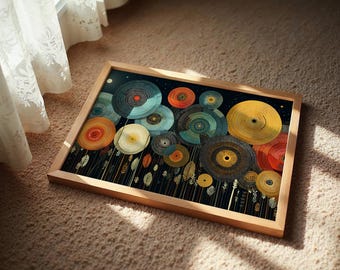 Abstrakter Nachtgarten Kunstdruck auf Leinwand, Moderne Blumenkreise Druck, Boho Wanddekor, Bunte Blumen Poster für Wohnzimmer