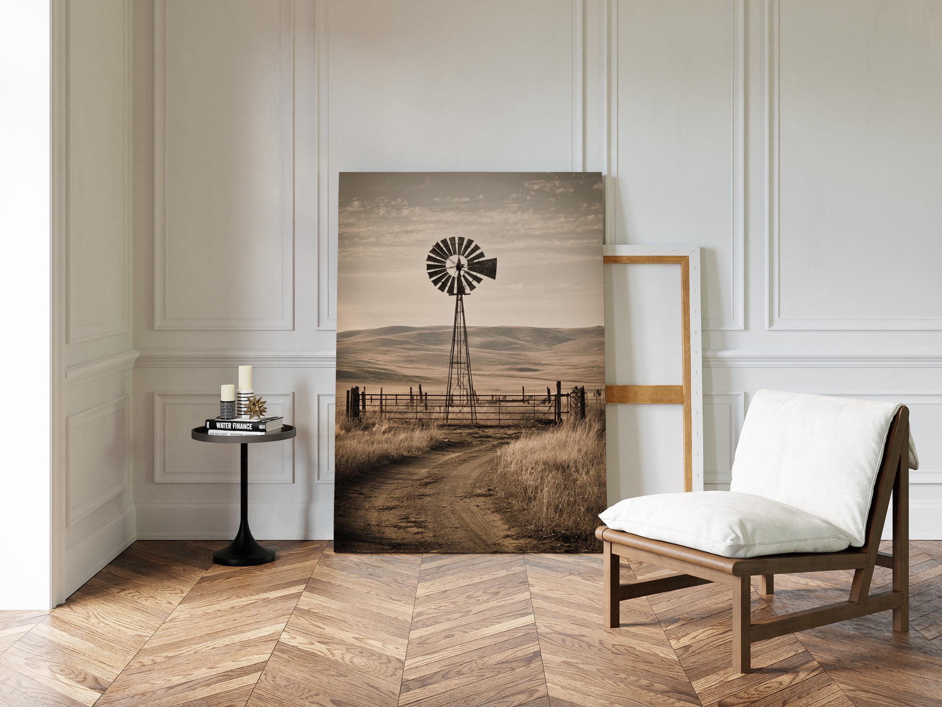 Sepia Windmill Canvas Wall Art, Rustic Western Farmhouse Decor