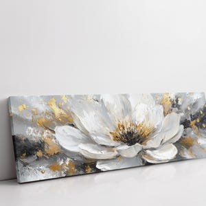 Modern White Flower Canvas Wall Art - Gold and Gray Textured Abstract ...