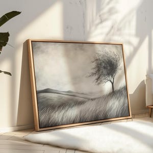 Minimalist Windy Tree Landscape Pencil Sketch | Black and White Tree in Field Drawing | Calm Nature Wall Art for Modern Decor