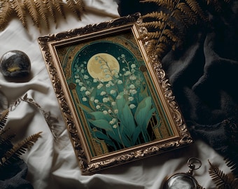 Moonlit Lily of the Valley in Ornate Art Nouveau Frame